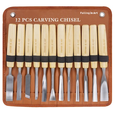 Falling in Art 12Pcs Wooden Carving Chisel Set, Long Handle Woodworking Tools Set with a Leather Pouch, Full Size Knife Gouge Kit for Carving Projects, Ideal for Beginners and Professionals