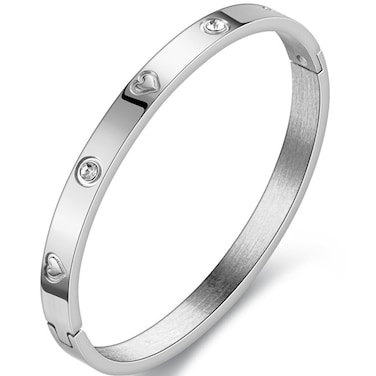 Jude Jewelers 6mm Width Stainess Steel Cubic Zircon Heart Filled Open Clasp Bangle Bracelet (Silver)