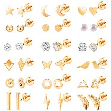 18 Pairs Stainless Steel Stud Earrings Set for Women Men Star Moon Triangle Heart Leaf 20G Cartilage Earrings Hypoallergenic Flatback Earrings Piercing Jewelry (Rose Gold)