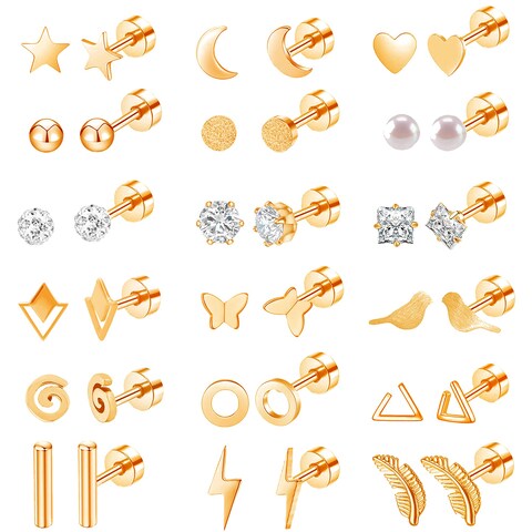 18 Pairs Stainless Steel Stud Earrings Set for Women Men Star Moon Triangle Heart Leaf 20G Cartilage Earrings Hypoallergenic Flatback Earrings Piercing Jewelry (Rose Gold)