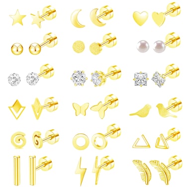 MJust 18 Pairs Stainless Steel Earring Set For Women Men 20G Cartilage Earrings Star Moon Triangle Circle Bar Heart Screwback Barbell Earrings Geometric Flatback Earrings Set Jewelry (Gold-Tone)