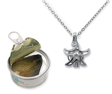 Pearlina Wish Upon a Star Cultured Pearl in Oyster Necklace Set Silver Plated Cage Pendant W/Stainless steel chain 18