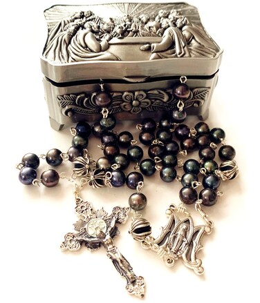elegantmedical Black Pearl Bali Sterling Silver Cross Beads Catholic Rosary necklace box Mans Womens gift