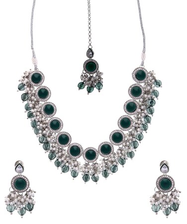 Seasworth Bride Jewelry Set Indian Bollywood Traditional Floral Theme Necklace White Rhinestone and Green Emerald bridal designer jewelryChoker Necklace Statement Necklace Dangle Earrings Set