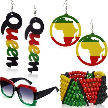 Zhanmai 4 Pieces Juneteenth African Women's Jewelry Set Jamaica accessories African Map Dangle Earrings Queen Wooden Earrings Oversized Square Sunglasses Rasta Beaded Bracelet for Black Women