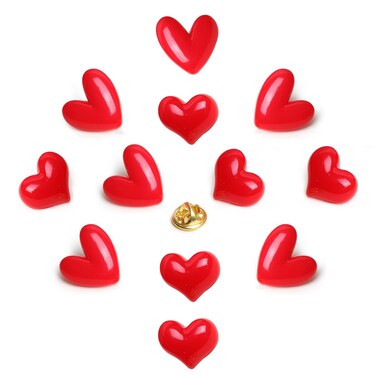 IKSII 12Pcs Valentine's Day Heart Pins Resin Small Red Heart Brooch Cute,Heart Shaped Brooches for Men Women Clothes Bags Hats,Valentines Day Brooch Pins Heart Gifts