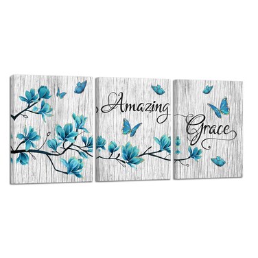 Welmeco 3 Pieces Turquoise Blue Magnolia Flowers Butterflies Painting Canvas Wall Art Amazing Grace Quote Sign Picture Rustic Wood Texture Giclee Prints Artwork for Modern Living Room Bedroom Office