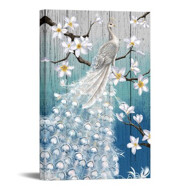RnnJoile Peacock Canvas Painting Art White Peacock Picture Prints for Hallway Decor Vertical Ready to Hang