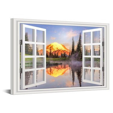 KREATIVE ARTS Canvas Print Wall Art Window View Landscape of Sunrise on Mt Rainier with Reflection on upper Tipsoo Lake Washington Pictures Modern Artwork Home Decora for Living Room 24x36 Inches