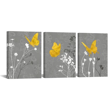 Biuteawal 3 Panel Yellow and Grey Canvas Print Butterfly Wall Art Flower Floral Painting Nature Plant Picture Still Life Artwork Home Kitchen Bathroom Bedroom Decor Framed Ready to Hang