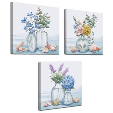 Biuteawal 3 Piece Floral Canvas Wall Art Vivid Flower Bouquet with Seashell Starfish Picture Print Blue Painting Still Life Artwork Home Bathroom Dining Room Decor Framed Ready to Hang
