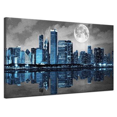 Biuteawal Black White Blue City Wall Art Chicago Pictures Decoration Moon Night Cityscape Skyline Canvas Painting Prints Framed Modern Home Living Room Bedroom Decor Ready to Hang