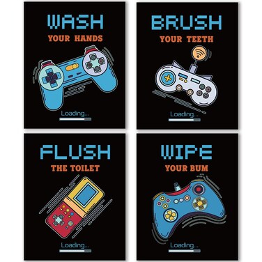 IIILUYOT Gaming Posters for Bathroom, Teen Boys Bathroom Nursery Decorations, Gamer Wall Art Decor Gifts for Gamer Boys Brother Son Grandson Nephew, Set of 4 (8"x10") Unframed