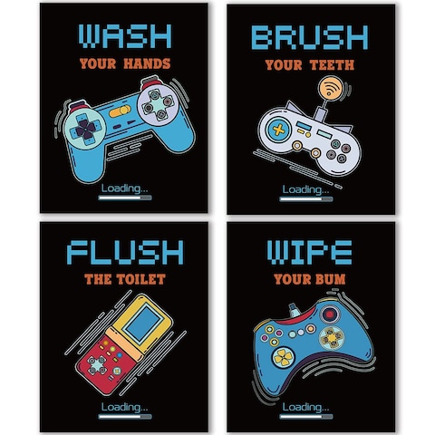 IIILUYOT Gaming Posters for Bathroom, Teen Boys Bathroom Nursery Decorations, Gamer Wall Art Decor Gifts for Gamer Boys Brother Son Grandson Nephew, Set of 4 (8&quot;x10&quot;) Unframed