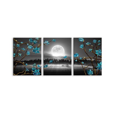 Kalormore Beautiful Blue Flowers Painting Black and White Full Moon with Magnolia Blossom Picture Giclee Prints Canvas Wall Art for Living Room Bedroom Bathroom Ready to Hang