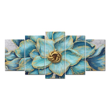Welmeco Living Room Decoration 5 Pieces Teal Beautiful Elegant Flowers Canvas Wall Art Giclee Prints Rustic Gold Decoration Floral Picture Poster Framed and Stretched Contemporary Artwork for Modern