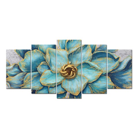 Welmeco Living Room Decoration 5 Pieces Teal Beautiful Elegant Flowers Canvas Wall Art Giclee Prints Rustic Gold Decoration Floral Picture Poster Framed and Stretched Contemporary Artwork for Modern