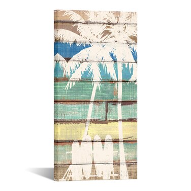 KREATIVE ARTS Canvas Print Wall Art Tropical Palm Tree Island on Wood Panels Nature Wilderness Surfboard Beach Painting Coastal Picture Digital Art Realism Chic for Living Room 20x40 Inches