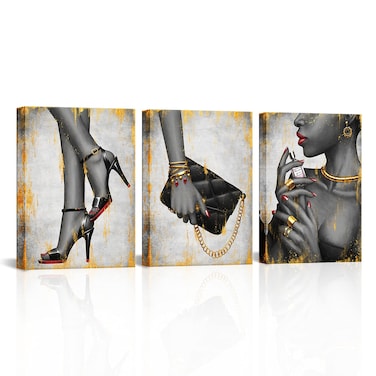 Kalormore Black Gold Fashion Poster Glam Elegant African American Black Woman Painting Giclee Prints High Heel Shoes Perfume Handbag Gold Jewelry Picture Gallery Wrapped Artwork