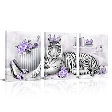 Kalormore Purple Fashion Accessories Poster Elegant Glam Tiger with Queen Crown High Heel Shoes Perfume Inllustration Canvas Prints Gallery Wrapped Artwork for Woman Girls Bedroom Makeup Room