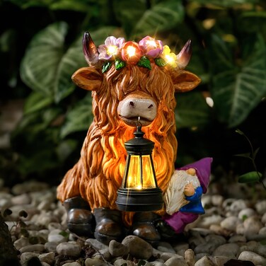 Tolimi Garden Lantern Statues Resin Highland Cow with Gnome Outdoor Solar Light Decor Funny Decorations for Yard and Patio Gifts