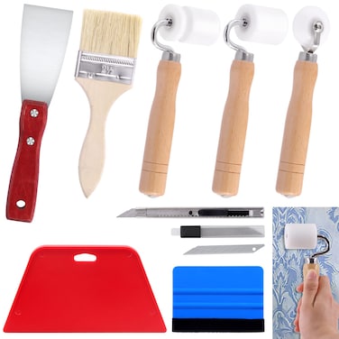 Swpeet 9Pcs Wallpaper Flat Seam Roller with Assorted Wallpaper Tools Kit, Corner Roller Putty Knife Wooden Paint Brush Craft Knife Blue Squeegees for Adhesive Contact Paper Window Film Craft Vinyl