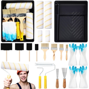 Gisafai 19 Pcs Paint Roller Tool Kit Includes 2 Paint Rollers with 4 Covers 1 Plastic Paint Tray 2 Putty Knife Scraper 4 Paint Brushes 4 Foam Brush with 2 Gloves for House Painting Wall Door Cabinet