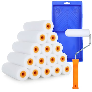 FVIEXE Small Paint Roller Kit, 15PCS 4 Inch Mini Foam Paint Roller Cover with 1 Paint Tray and 1 Roller Frame, Foam Paint Rollers Refills House Painting Roller Brush Set for Furniture Wall Cabinet
