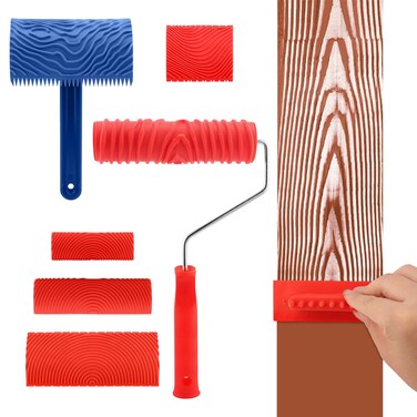 LOQJSS 6Pcs Wood Graining Tool Set,Fake Wood Grain Roller Painting Tool,DIY Rubber Graining Tool Texture Pattern Roller with Handle Paint LookLike Wood for Wall Room Art Paint Decoration