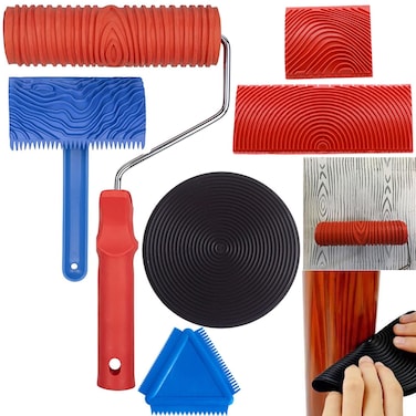 Wood Graining Tool Set, 6pcs 7" Fake Wood Grain Roller Rubber Graining Tool Paint Look Like Wood DIY Painting Tool with Handle for Walls Room Art Paint Decoration