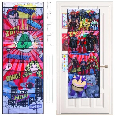 MAXITHAN Superhero Organizer, Over The Door Hanging Shoe Organizer, Red (65'' x 23''),Toy Organizer