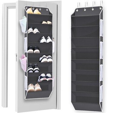 Over The Door Shoe Organizer, 9-tier Behind The Door Shoe Rack with 8 Mesh Pockets Fits 28 Pairs Shoes, Large Deep Pockets Hanging shoe storage for Closet, Dorm, RV, Narrow Door - Gray
