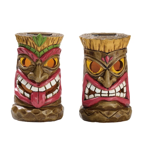 TERESA&#39;S COLLECTIONS Tiki Head Garden Decor with Solar Outdoor Light, Set of 2 Tropical Hawaiian Tiki Torch Resin Garden Sculptures &amp; Statues Patio Pool Yard Summer Decor Housewarming Gifts for Mom 6
