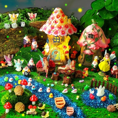HyDren 100 Pcs Fairy House Garden Figurines Kit 8'' Solar House Miniatures Light up House 6.6" Fairy House Fairy Gnome Animals Doll Outdoor Resin Statues Micro Landscape Ornaments DIY Garden Decor