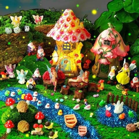 HyDren 100 Pcs Fairy House Garden Figurines Kit 8&#39;&#39; Solar House Miniatures Light up House 6.6&quot; Fairy House Fairy Gnome Animals Doll Outdoor Resin Statues Micro Landscape Ornaments DIY Garden Decor
