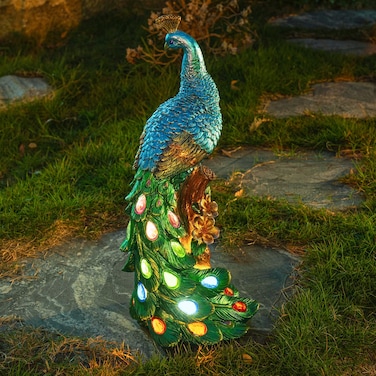 WONDHOME Solar Peacock Statues Garden Outdoor Decor Porch Patio Yard Lawn Decorations Peacock Sculpture with LED Lights Housewarming Christmas Gardening Gifts for Women Mom