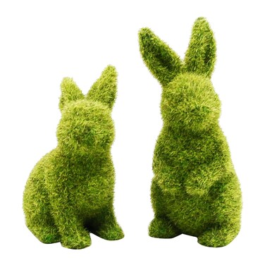 MDEOOSKY 2Pcs Easter Moss Bunny Figurine, Flocked Rabbit Statue Figurine, Green Imitation Moss Rabbit Sculpture, for Easter Festival Garden Yard Home Party Ornament Decoration