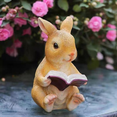 Lifexquisiter Reading Bunny Statue Decor, Resin Easter Rabbit Figurine Sculpture Collectible for Home Desktop Ornaments and Garden Lawn Decoration