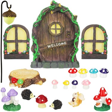 Jetec 21 Pieces Fairy Door and Window, Trees with 2 Window Light Yard Glow in Dark Sculpture Decoration for DIY Micro Landscape Ornament Kid Room, Wall and Tree Outdoor Miniature Garden Accessories