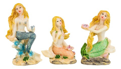 Ebros Whimsical Nautical Sea Blonde Haired Mermaids with Colorful Tails Sitting by Corals Small Dollhouse Miniature Figurines Set of 3 DIY Fairy Garden Mermaid Fantasy Collection Home Decor