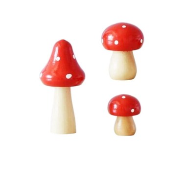 Honkenda Miniature Figurines Mushroom Statue Decor, 3 Pack Mini Wooden Mushrooms for Fairy Garden, Yard, Micro Landscape Lawn Ornament Decor DIY Crafts (Red)