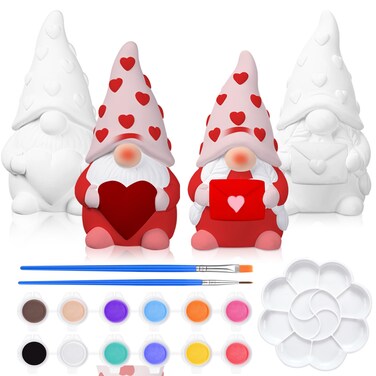 Poen 2 Pack Valentine's Day Ready to Paint Your Own Gnome Statues, 4 Inches Mini Blank Ceramics to Paint Unpainted Gnome Figurines Crafts DIY Arts for Sweet Valentine's Day Gifts (Heart Style)