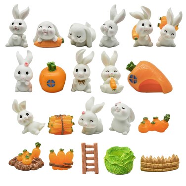 Pinenjoy 21Pcs Mini Rabbit and Carrot Figurines 1inch Cute Resin Bunny Cake Toppers for DIY Fairy Garden Dollhouse Moss Landscape Crafts Easter Decors