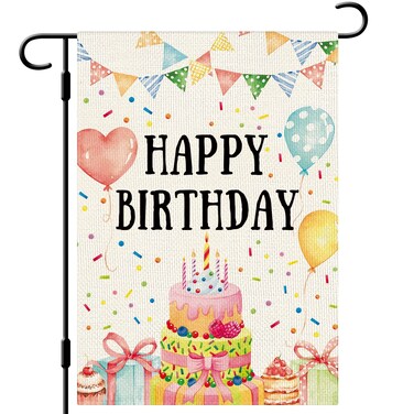 DLZDN Happy Birthday Garden Flag 12&times;18 Inch Double Sided Vertical Burlap Birthday Cake Banner Yard Flag Outdoor Decor