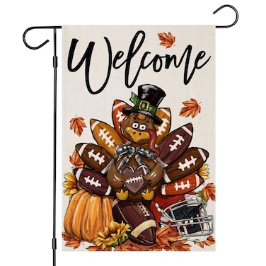EKOREST Welcome Thanksgiving Garden Flags 12x18 Inch Double Sided, Fall Turkey with Football Small Seasonal Decor for Harvest Autumn Yard Outside Outdoor