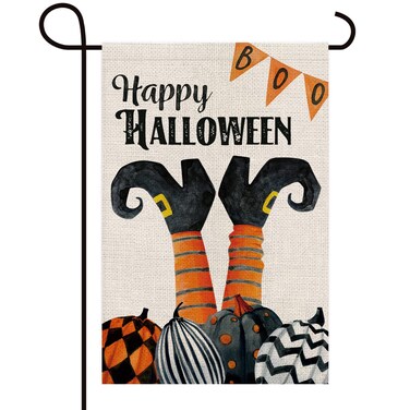 Texupday Happy Halloween Boo Witch Feet Pumpkin Decor Double Sided Vertical Burlap Garden Flag Rustic Farmhouse Party Outdoor Yard Banner 12" x 18