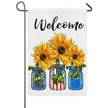 Summer Sunflower Garden Flag American Mason Jars Welcome Yard Flags 4th of July Decorations 12&times;18 Inch Double Sided Patriotic Garden Decor Banner Independence Day Memorial Day Outdoor Decoration
