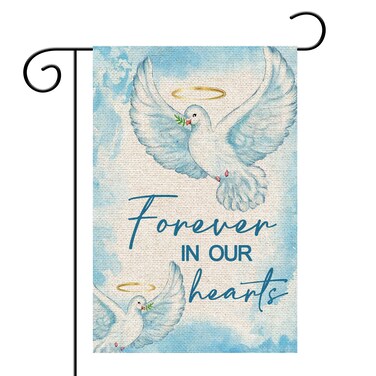 Helewilk Forever in our Hearts Garden Flag, Burlap Vertical Memorial Day Garden Sign, Missing You Forever in Our Hearts Indoor Outdoor Decor, 12 x 18 In