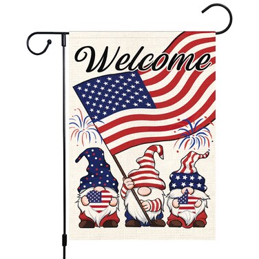 Patriotic Memorial Day Garden Flag Welcome 4th of July Gnome Garden Flags 12x18 Inch Double Sided Burlap Yard Banner for Yard Outdoor Home Independence Day Decoration(ONLY FLAG)