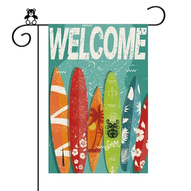 Surfboard Welcome Garden Flag Double Sided, Surf's Up Yard Lawn Sign, Beach Surfing Garden Decorations, Welcome Home Party Garden Outdoor Decorations Burlap, 12 x 18 Inch